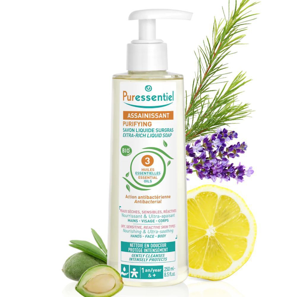 Puressentiel Assainissant Savon Surgras Liquide Purifiant Action Anti-Bactérienne aux 3 Huiles Essentielles – 250ml