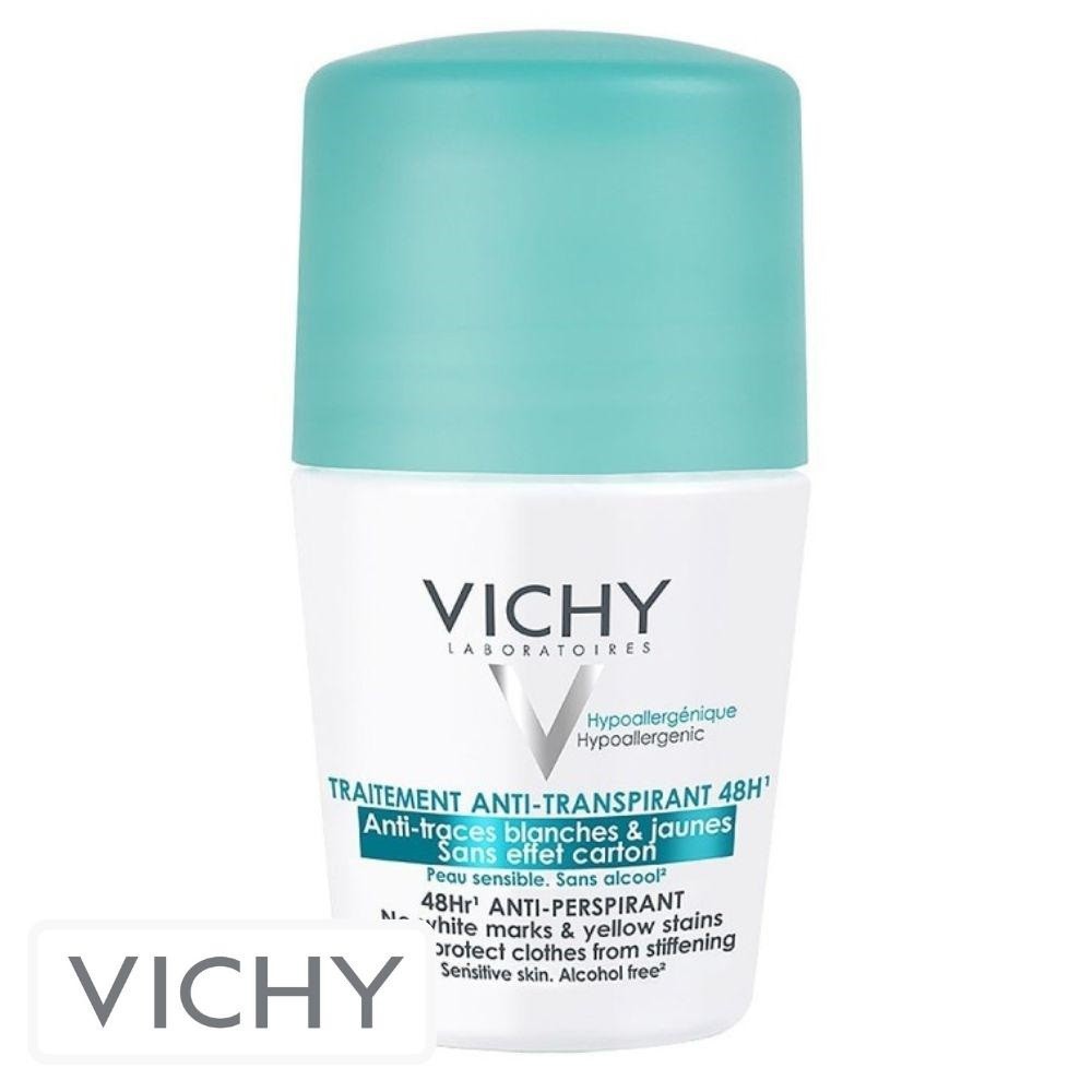 Vichy Déodorant Anti-Transpirant Anti-Traces Jaunes & Blanches 48h Roll-On Bille – 50ml