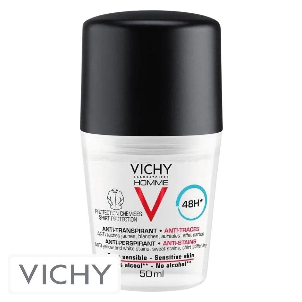 Vichy Homme Déodorant Anti-Transpirant Anti-Traces Blanches & Jaunes 48h Roll-On Bille – 50ml