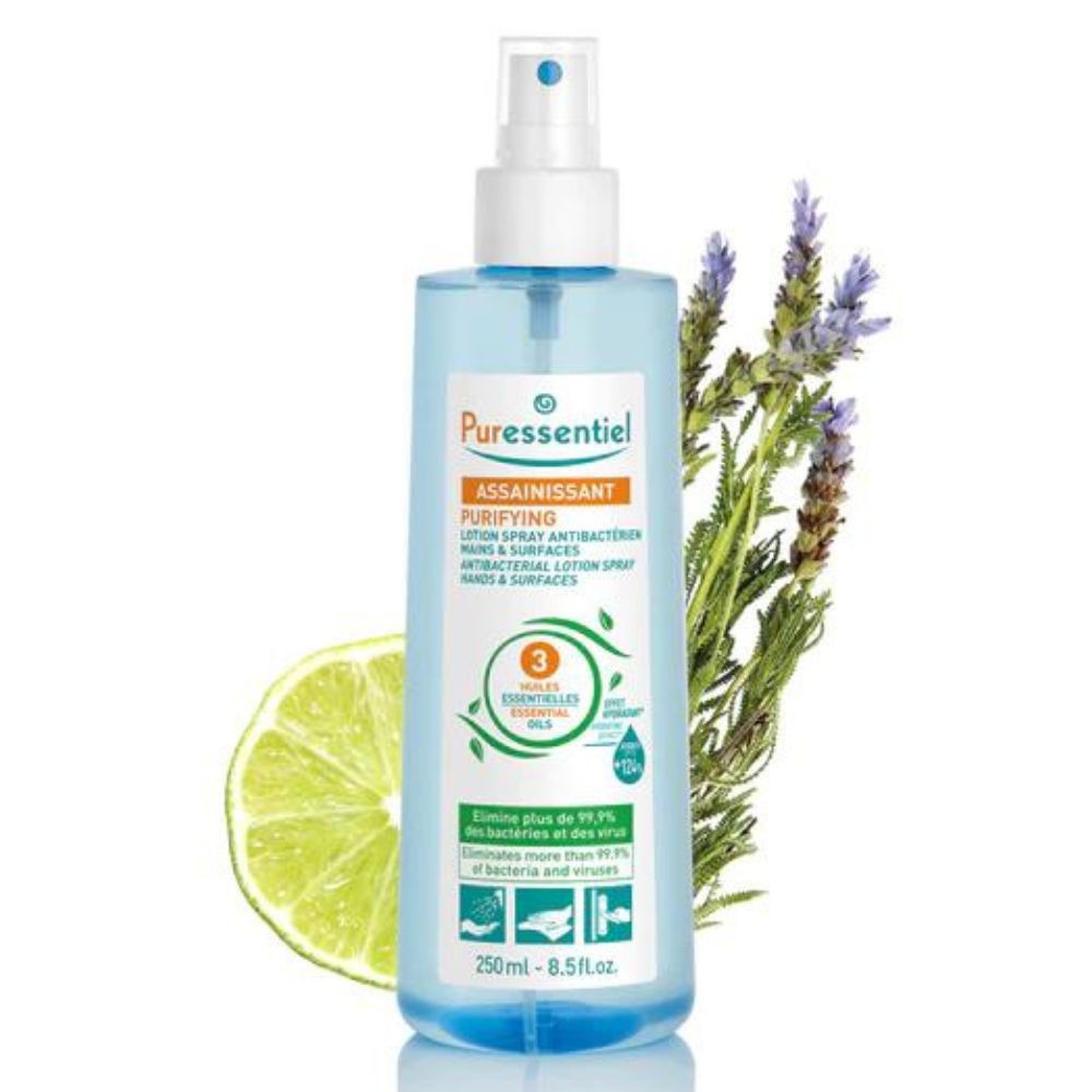 Puressentiel Assainissant Lotion Spray Purifiante Antibactérien Mains & Surfaces aux 3 Huiles Essentielles – 250ml