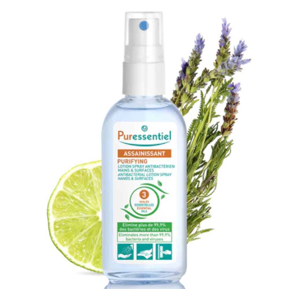 Puressentiel Assainissant Lotion Spray Purifiante Antibactérien Mains & Surfaces aux 3 Huiles Essentielles – 80ml