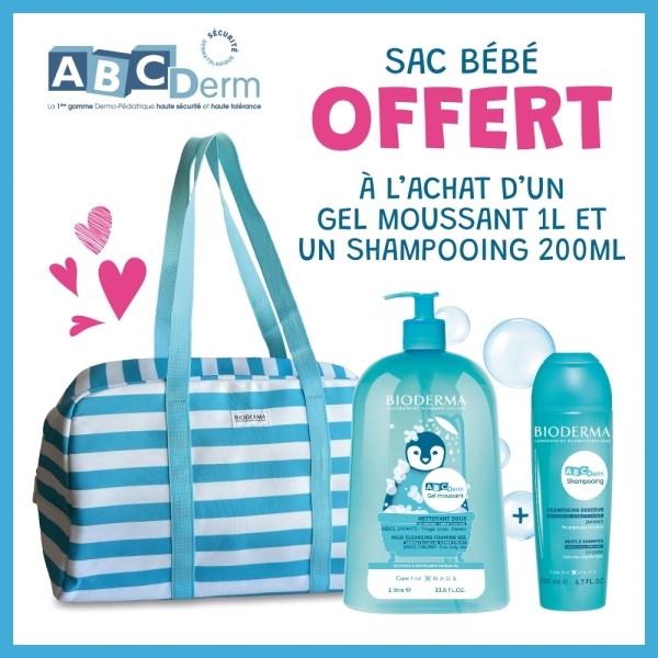 ABCDERM Gel Moussant 1L + Shampooing 200ml = Sac Bébé OFFERT